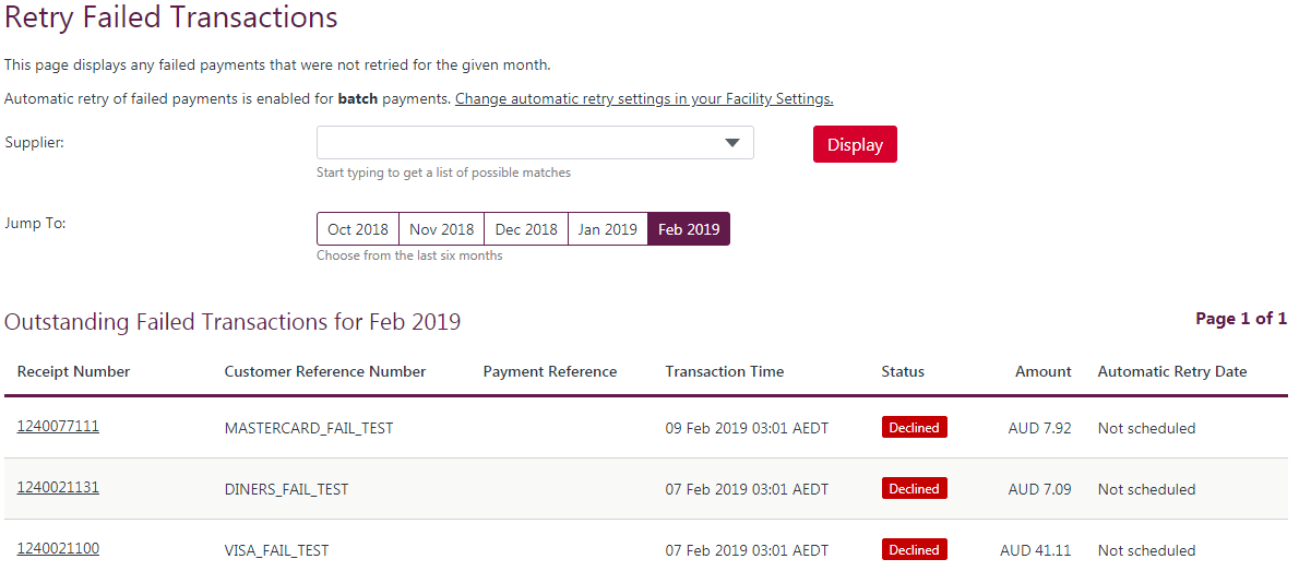 Screenshot of the Retry Failed Payments screen in QuickStream Portal.