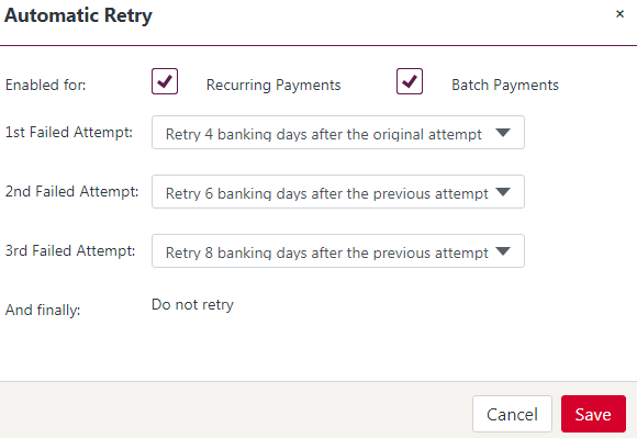 Screenshot of the Automatic Retry Failed Payments setup screen in QuickStream Portal.