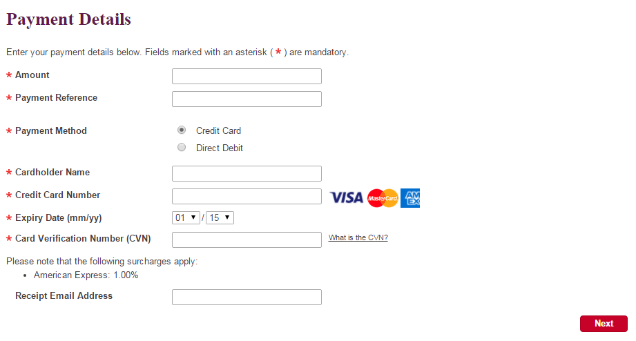 QuickWeb Payment Details page