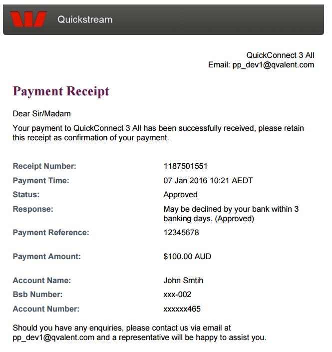 Receipt page with bank account